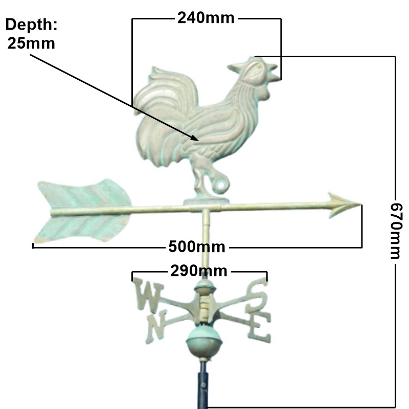 Copper verdigris cockerel weathervane measurements